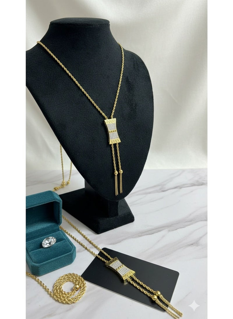 MANIKAN Elegant Bolo Style Necklace Featuring Crystal-Encrusted Rectangular Pendant with Tassel Chains. - Image 1